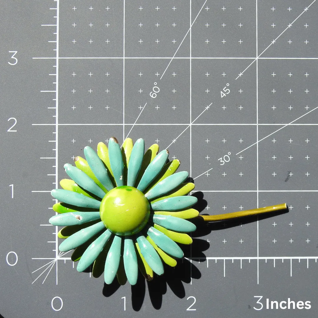 1960s Vintage Green Daisy Enamel Brooch - Retro Blue-Green Flower Pin