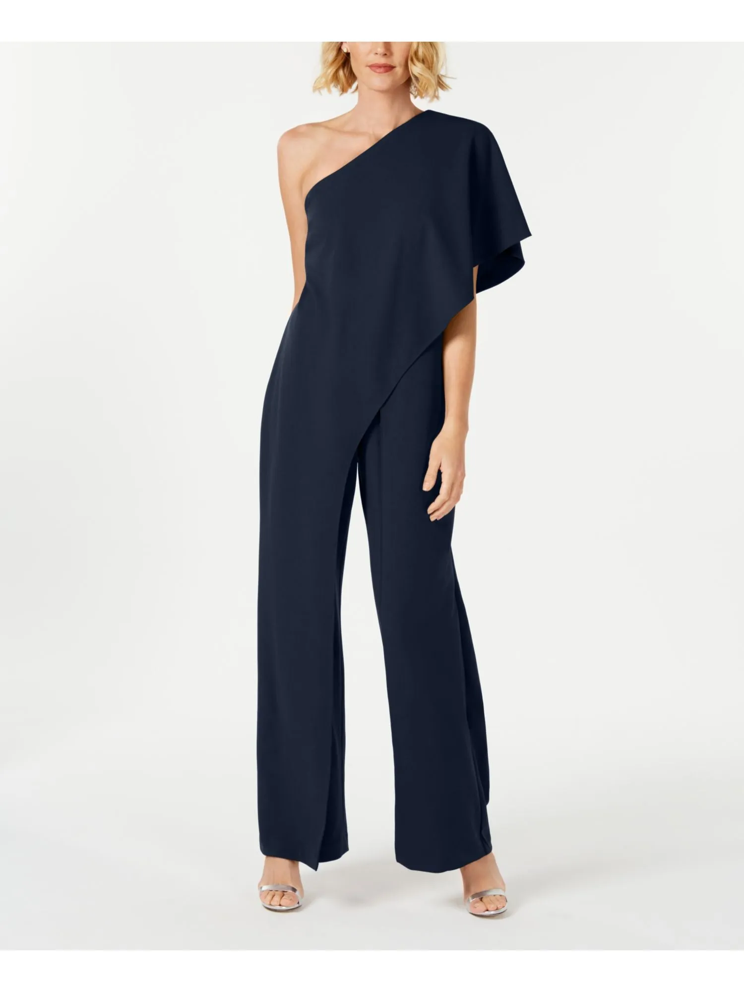 ADRIANNA PAPELL Womens Ruffled Kimono Sleeve Asymmetrical Neckline Party Wide Leg Jumpsuit