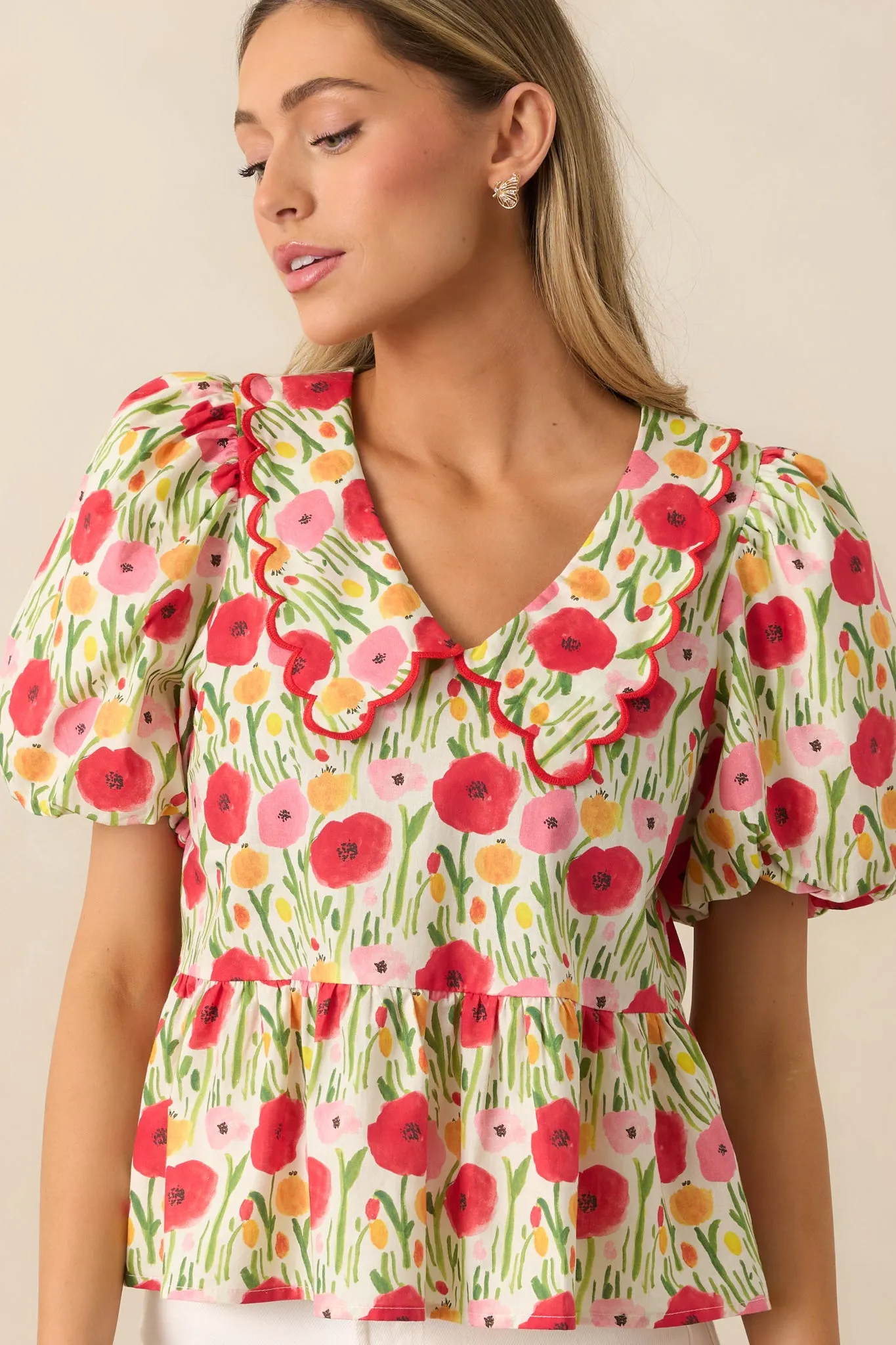 Afternoon Bliss Cotton Red Floral Puff Sleeve Blouse