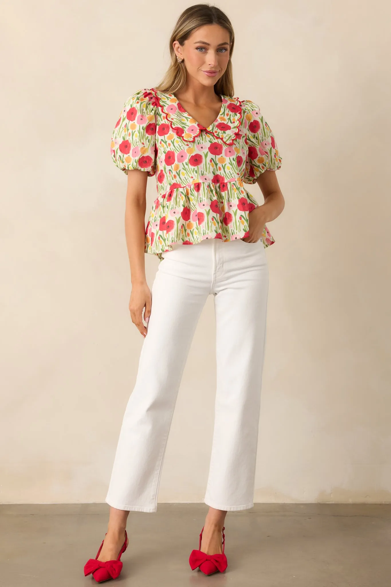 Afternoon Bliss Cotton Red Floral Puff Sleeve Blouse