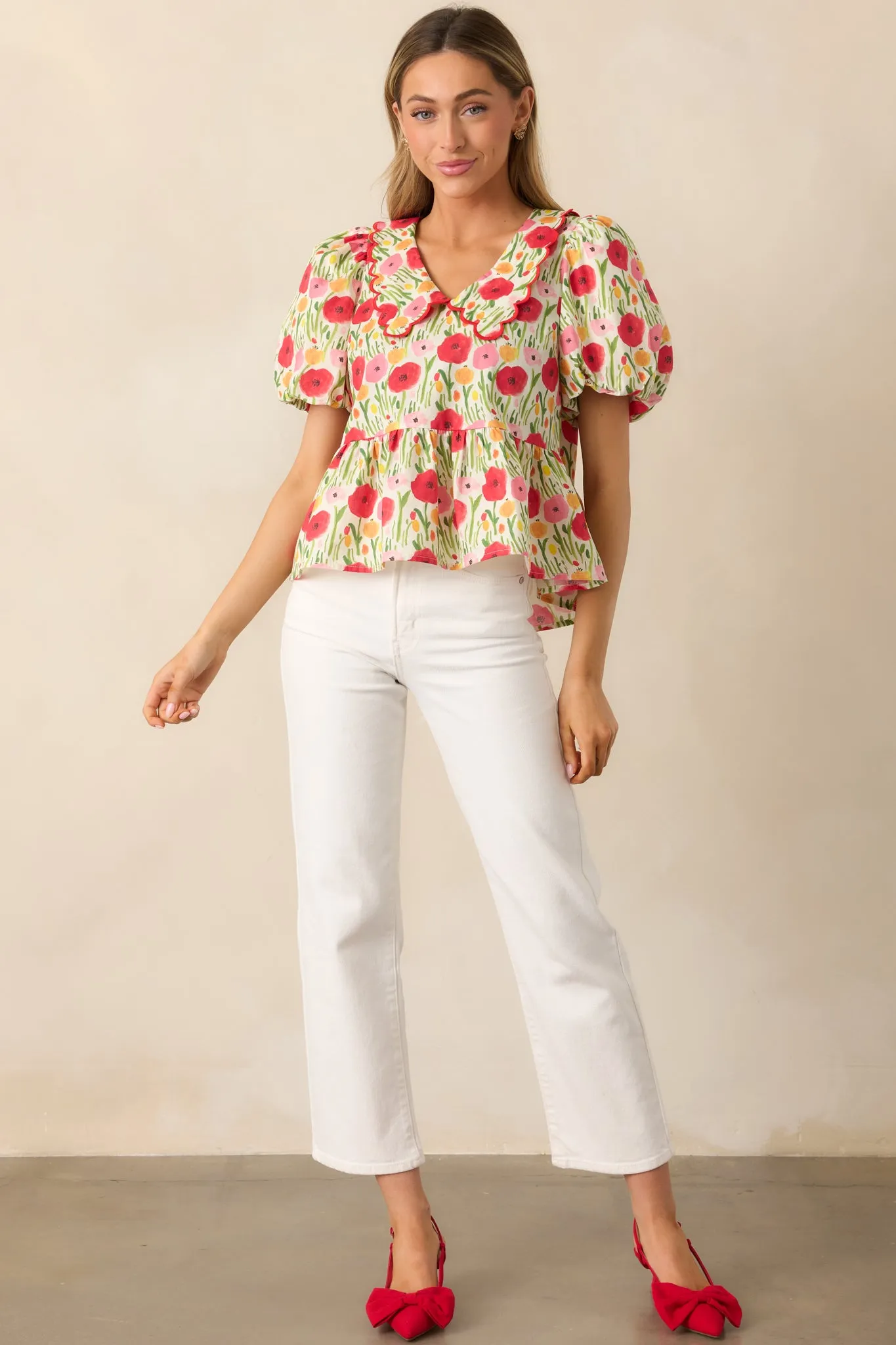 Afternoon Bliss Cotton Red Floral Puff Sleeve Blouse