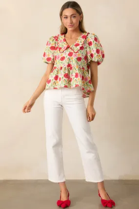 Afternoon Bliss Cotton Red Floral Puff Sleeve Blouse