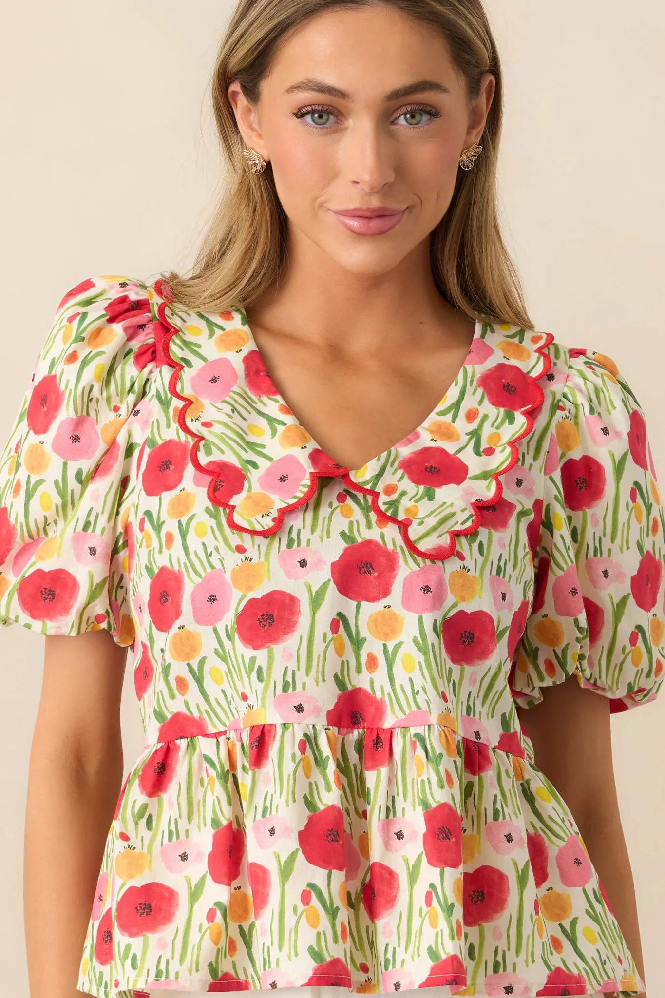 Afternoon Bliss Cotton Red Floral Puff Sleeve Blouse