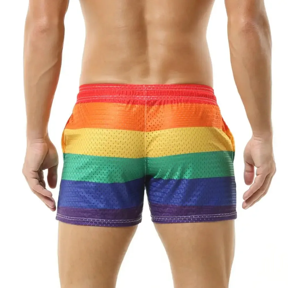 Aidase Men's Shorts Rainbow Stripe Fashion Casual Shorts Mesh Breathable Drawstring Sports Shorts Gym Men Boxer Shorts Bottoms Pocket