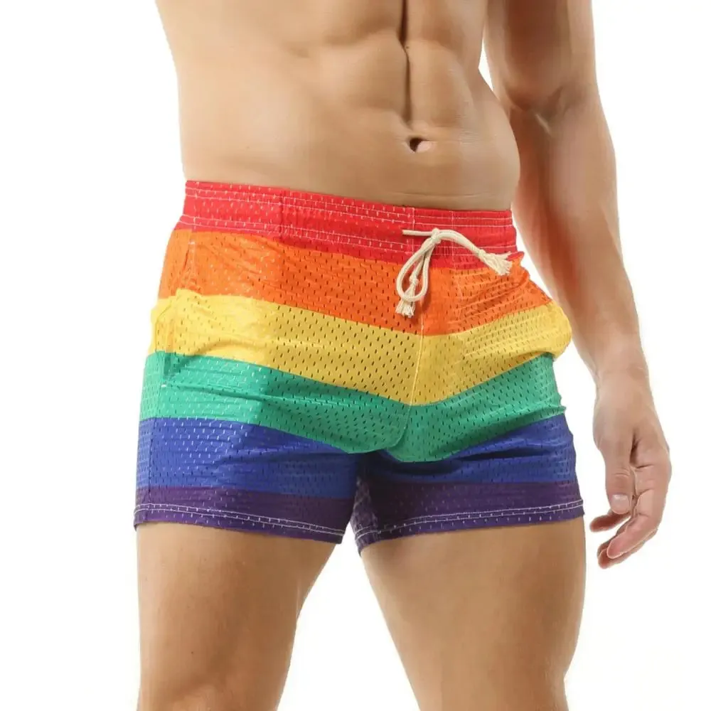 Aidase Men's Shorts Rainbow Stripe Fashion Casual Shorts Mesh Breathable Drawstring Sports Shorts Gym Men Boxer Shorts Bottoms Pocket