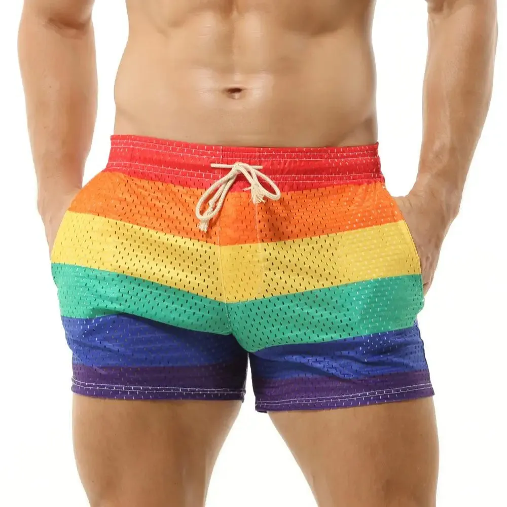 Aidase Men's Shorts Rainbow Stripe Fashion Casual Shorts Mesh Breathable Drawstring Sports Shorts Gym Men Boxer Shorts Bottoms Pocket