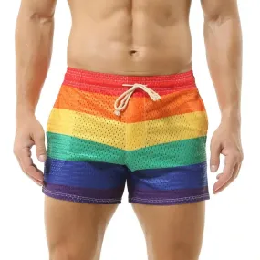 Aidase Men's Shorts Rainbow Stripe Fashion Casual Shorts Mesh Breathable Drawstring Sports Shorts Gym Men Boxer Shorts Bottoms Pocket