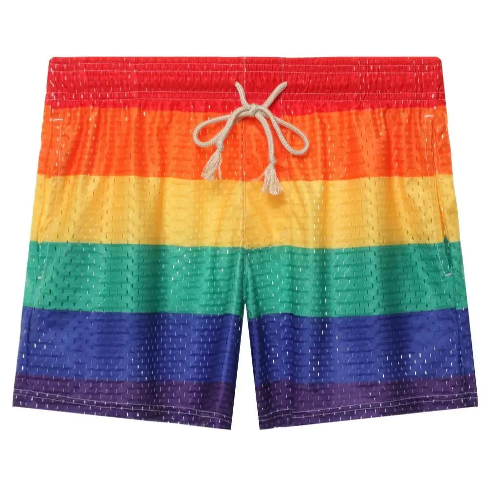 Aidase Men's Shorts Rainbow Stripe Fashion Casual Shorts Mesh Breathable Drawstring Sports Shorts Gym Men Boxer Shorts Bottoms Pocket