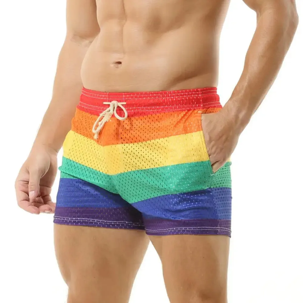 Aidase Men's Shorts Rainbow Stripe Fashion Casual Shorts Mesh Breathable Drawstring Sports Shorts Gym Men Boxer Shorts Bottoms Pocket