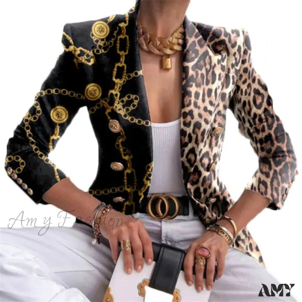 Amy Fashion - Plaid Leopard Chain Print Stitched Blazer