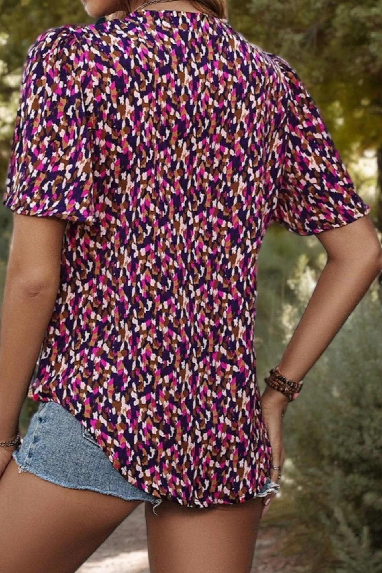 Anna Kaci Short Sleeve Printed Blouse With Smocked Detail And V-Neck