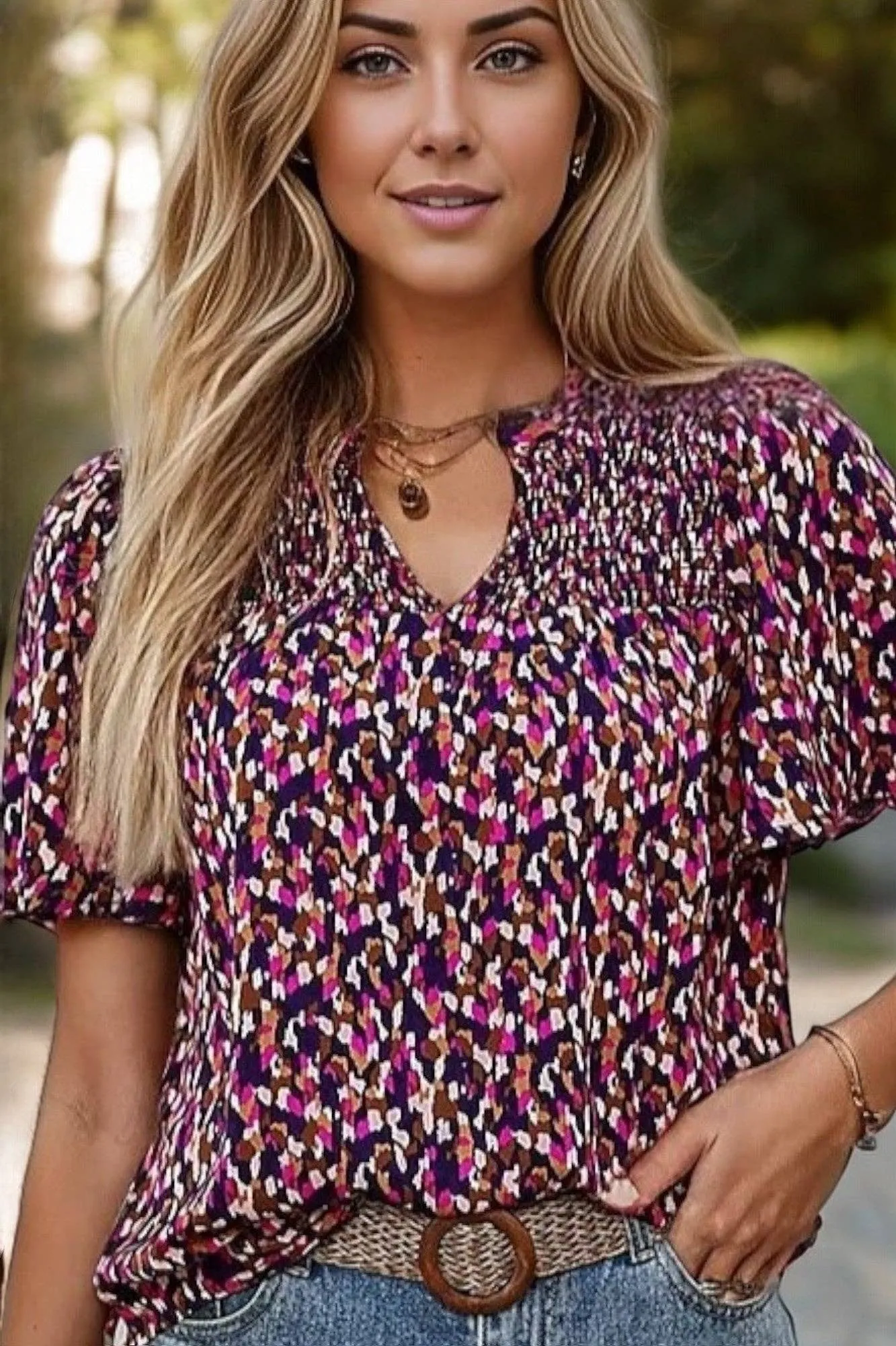 Anna Kaci Short Sleeve Printed Blouse With Smocked Detail And V-Neck