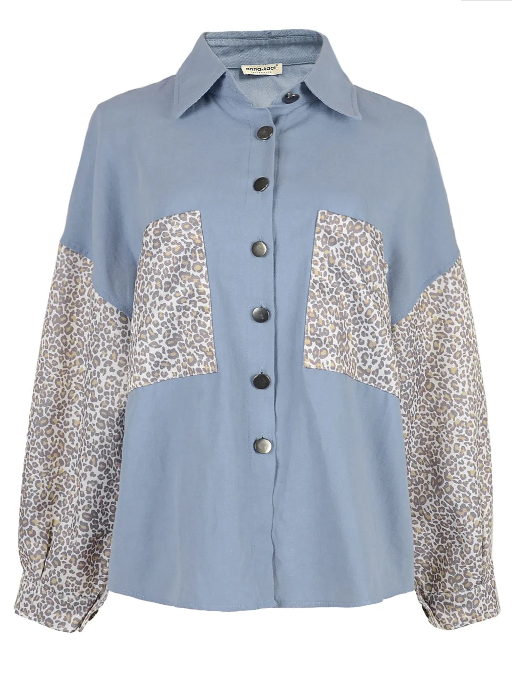 Anna-Kaci Women's Contrast Leopard Button Down Denim Shirts Long Sleeve Boyfriend Light Jacket with Two Pockets