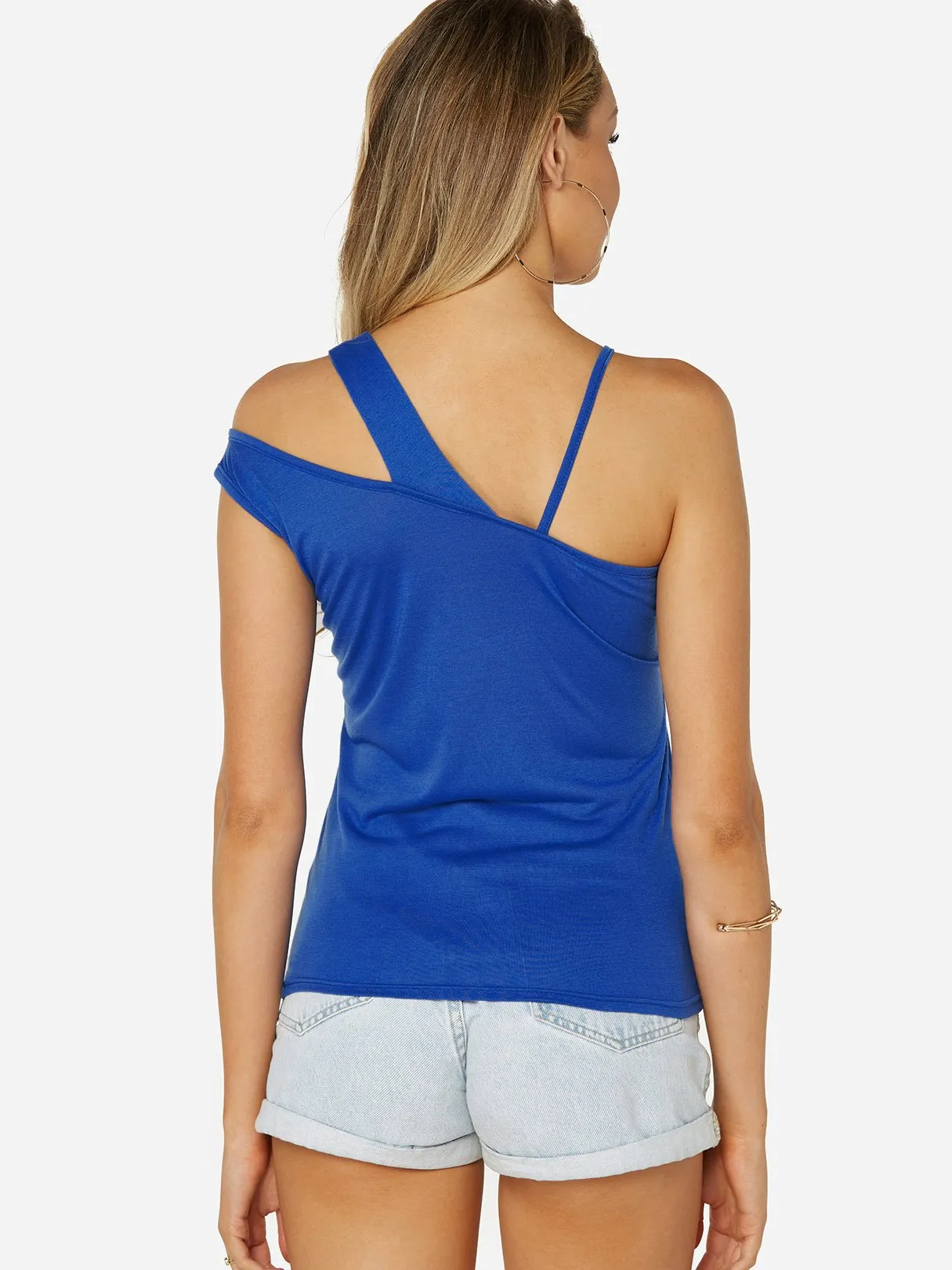 Asymmetrical One Shoulder Plain Cut Out Sleeveless Blue Camis