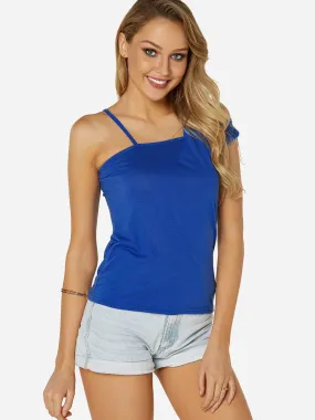 Asymmetrical One Shoulder Plain Cut Out Sleeveless Blue Camis