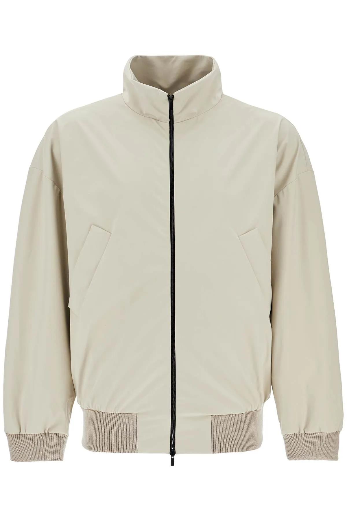 beige nylon and polyester jacket with high collar and zip