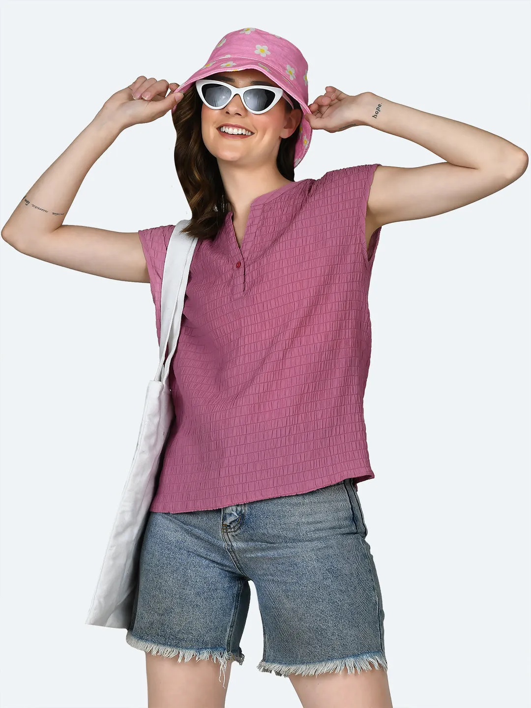 Berry Colored Self Design Round Neck Top