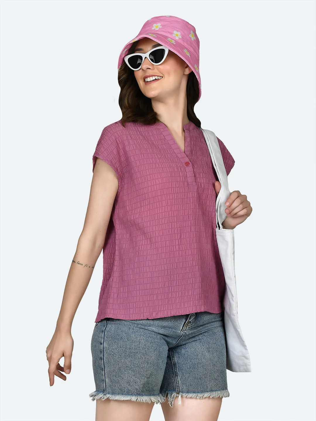 Berry Colored Self Design Round Neck Top