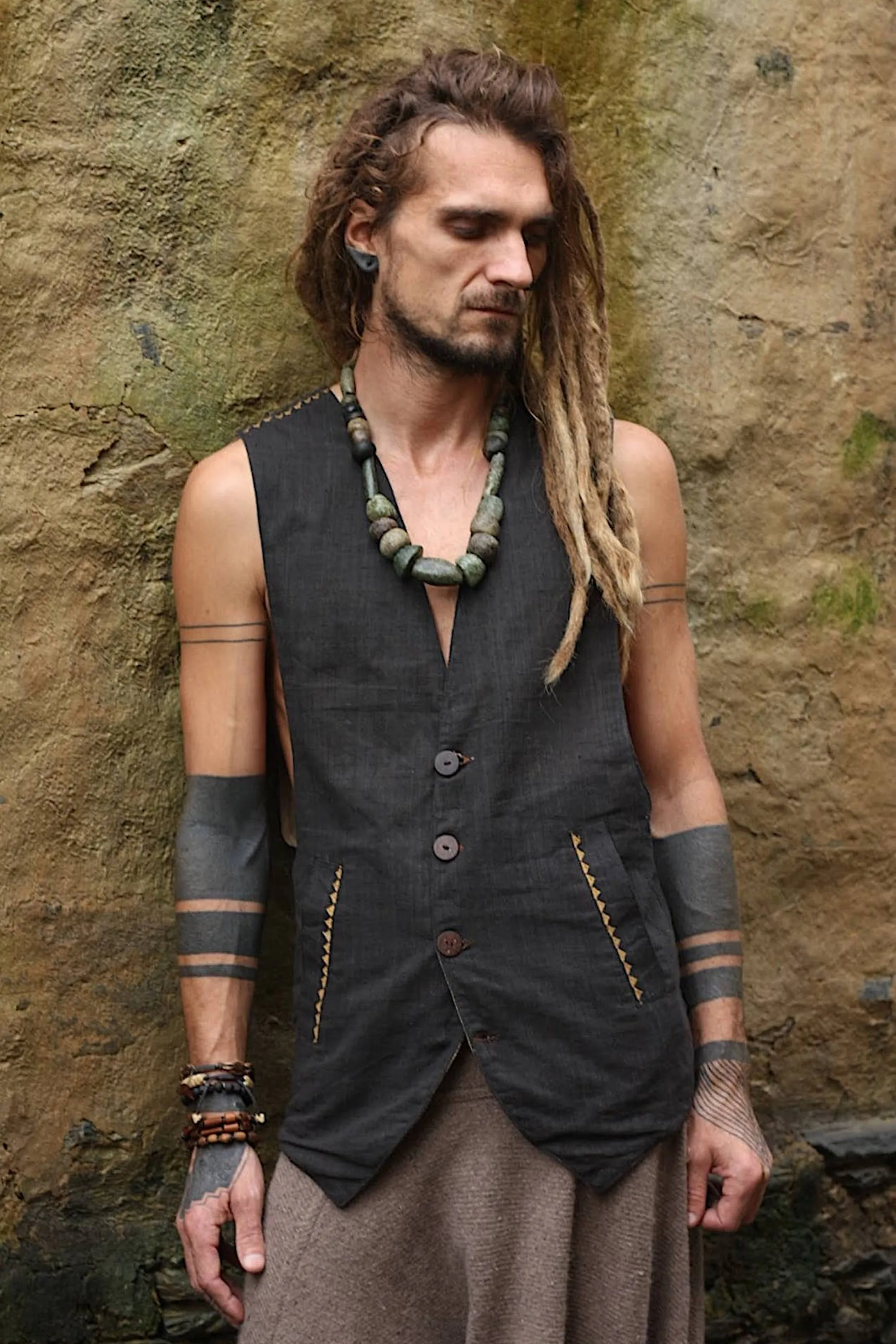 Black Handwoven Cotton Embroidered Vest ⫸ Natural Dyed