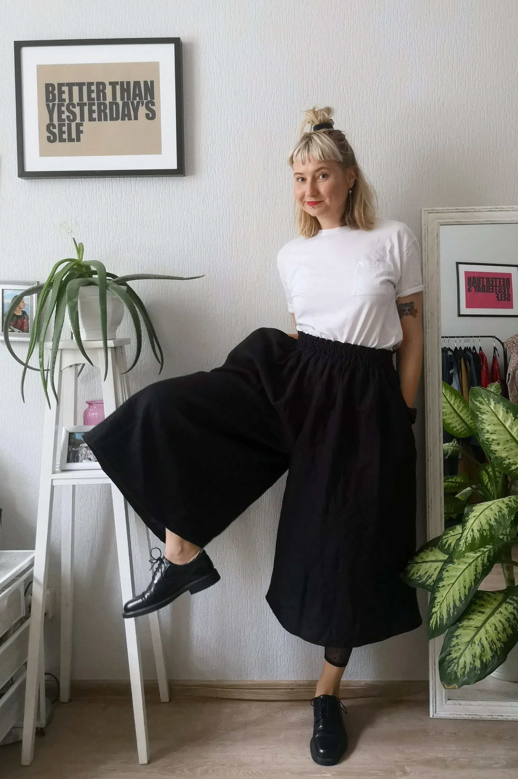 Black Linen Blend Super Wide Statement Japanese Inspired Minimalist Culottes