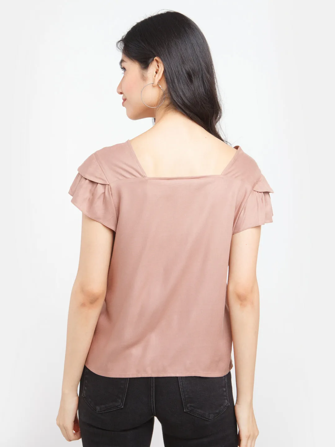 Brown Solid Ruffled Top