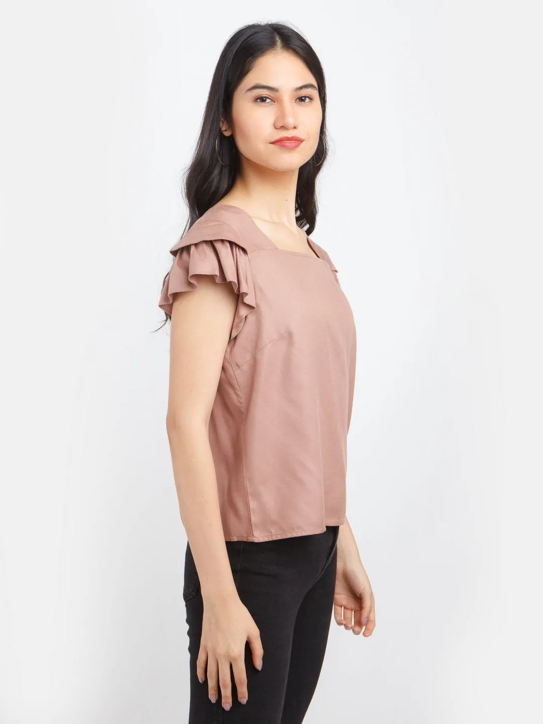 Brown Solid Ruffled Top