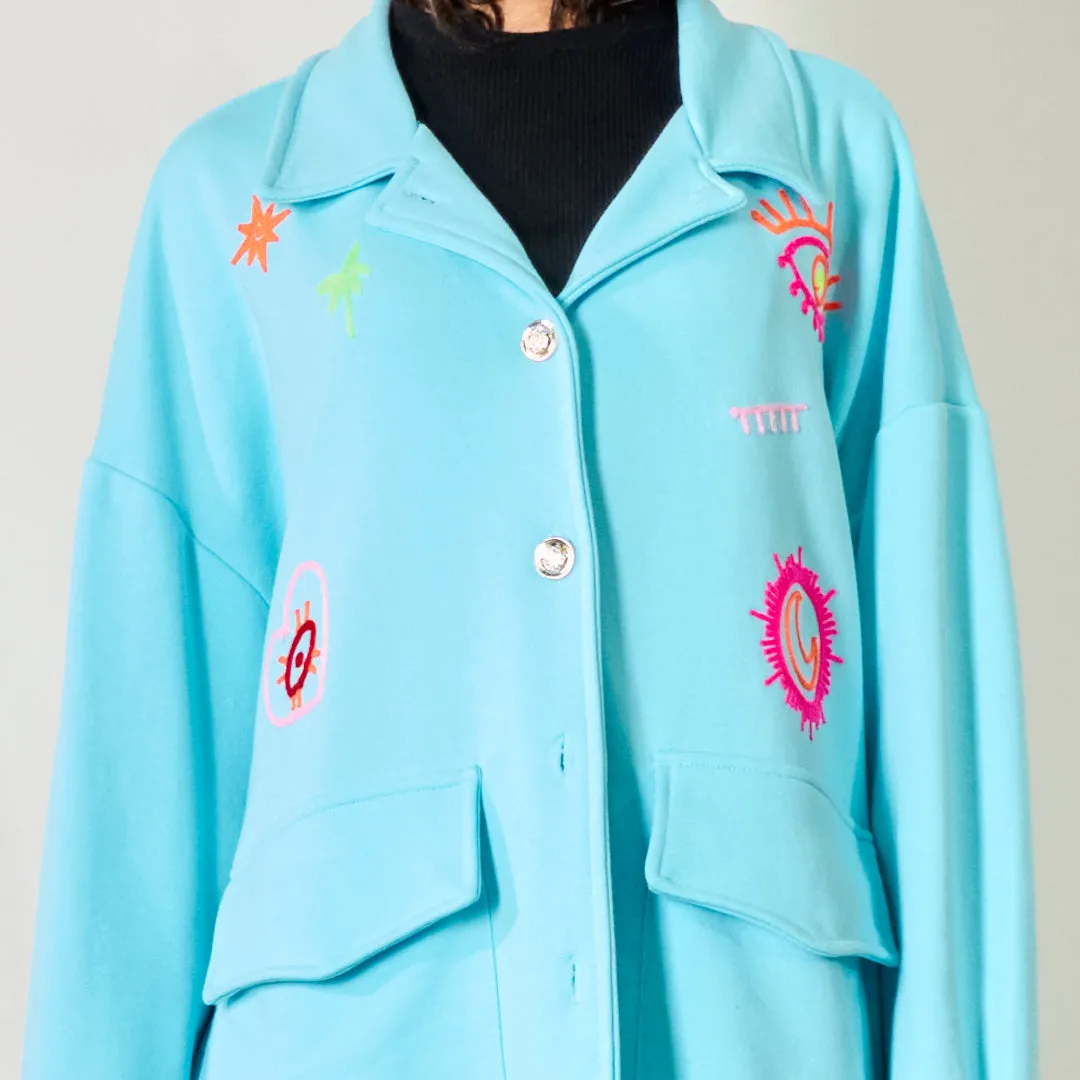 Button-up jacket with playful embroidered details wholesale