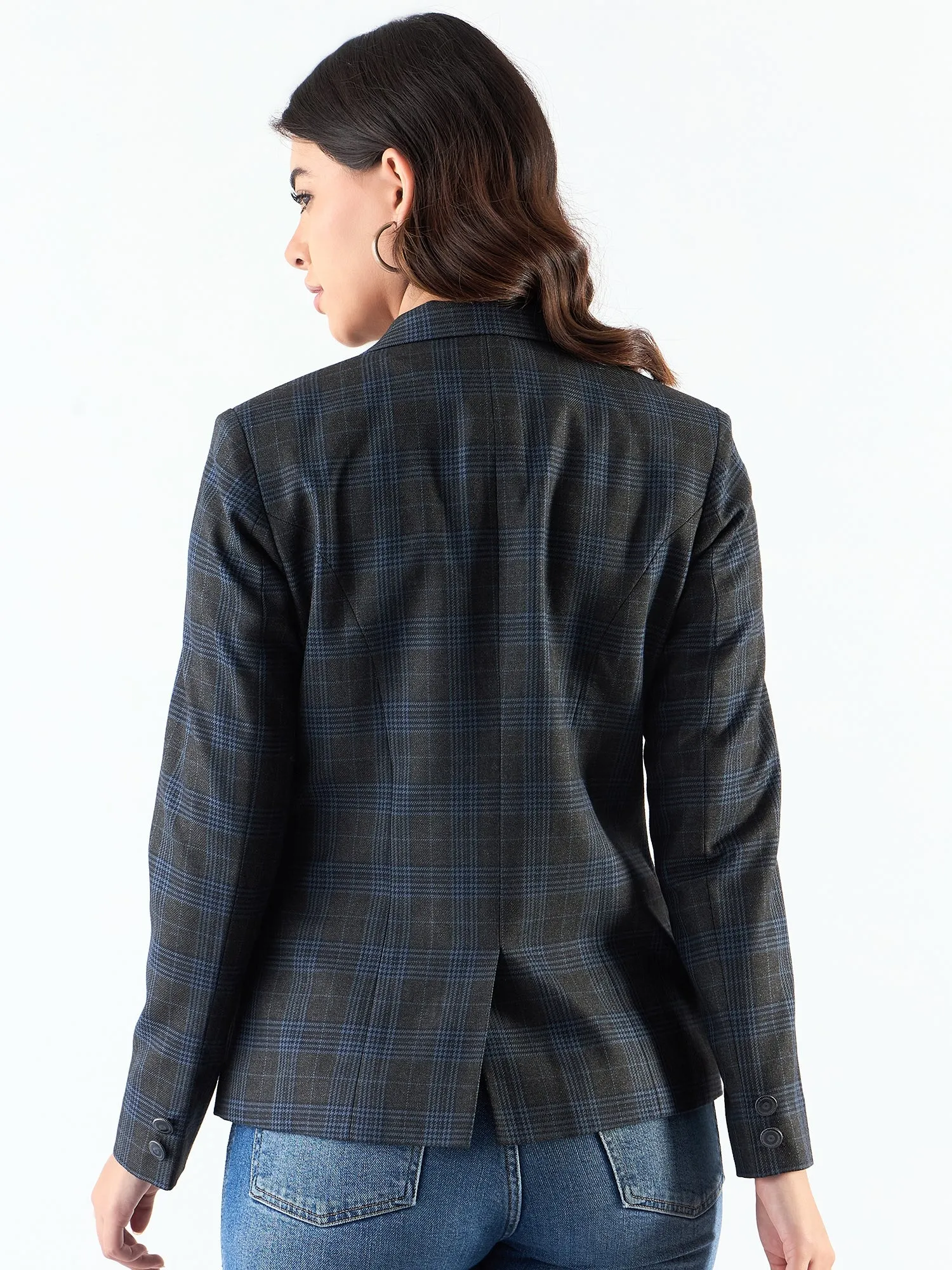 Classic Notched Collar Checkered Blazer In Woolen Plaid