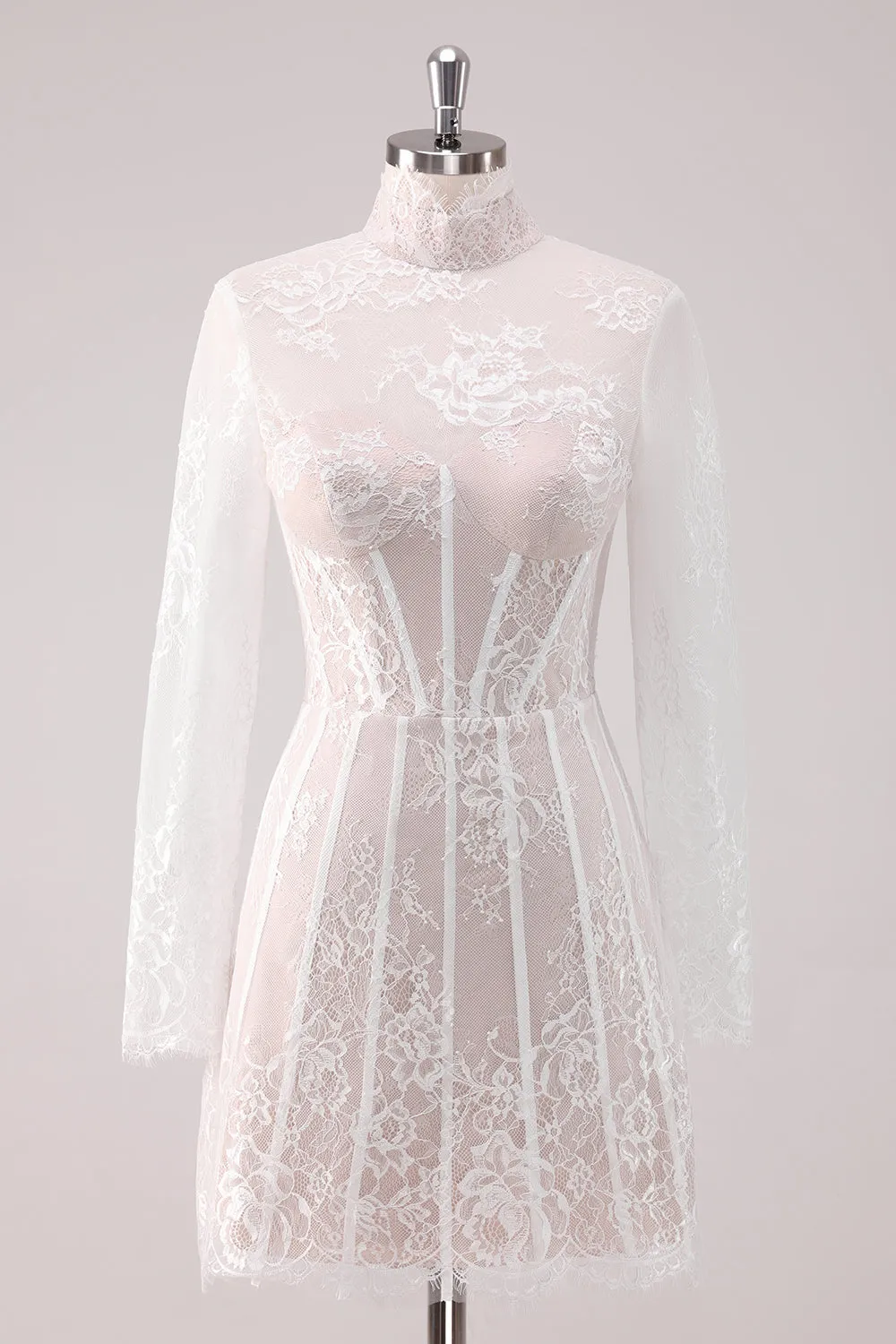 Delicate Lace White Corset Mini Dress with Long Sleeves