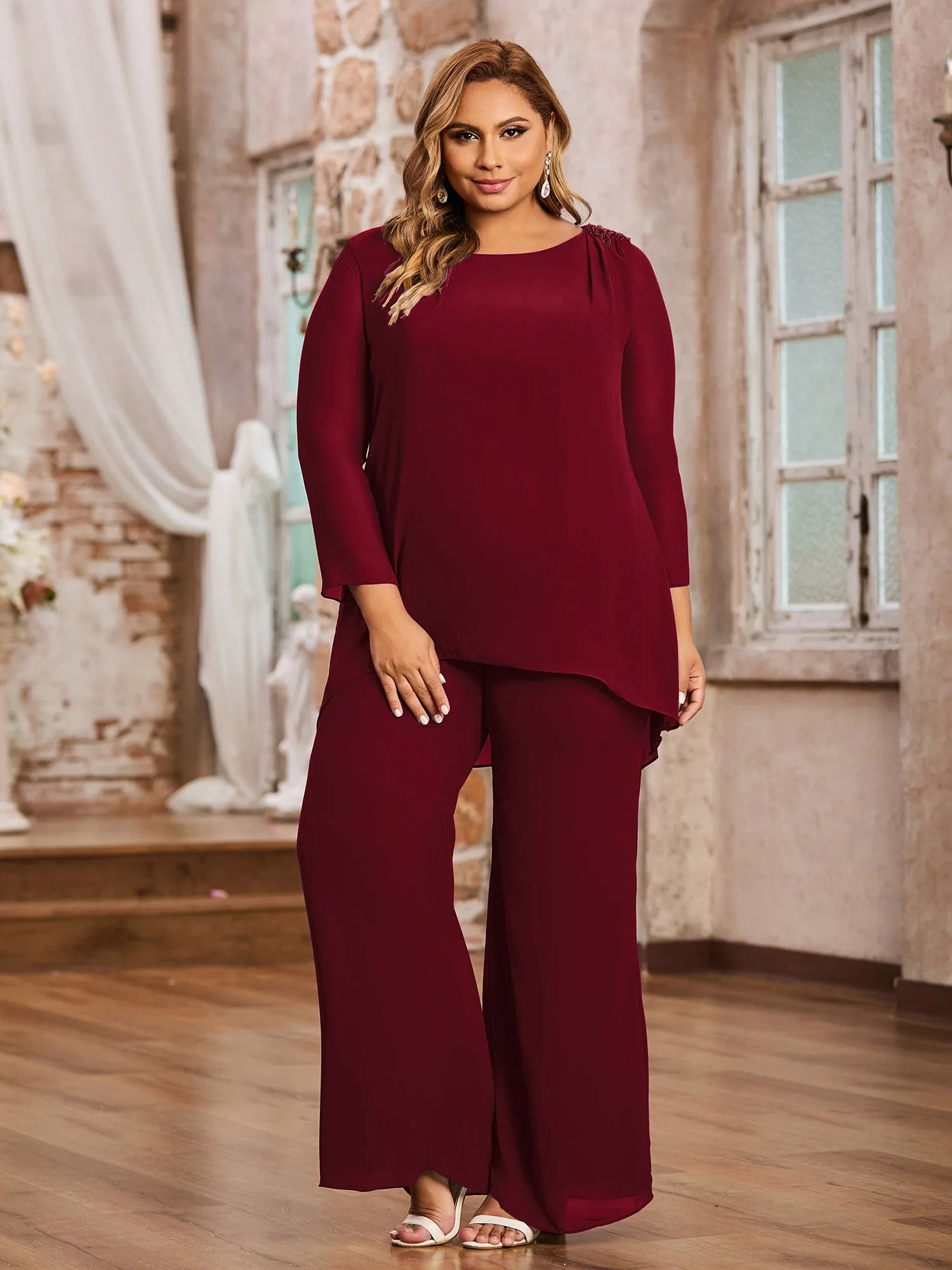 Elegant Chiffon Pant Suit with Long Sleeves-Burgundy