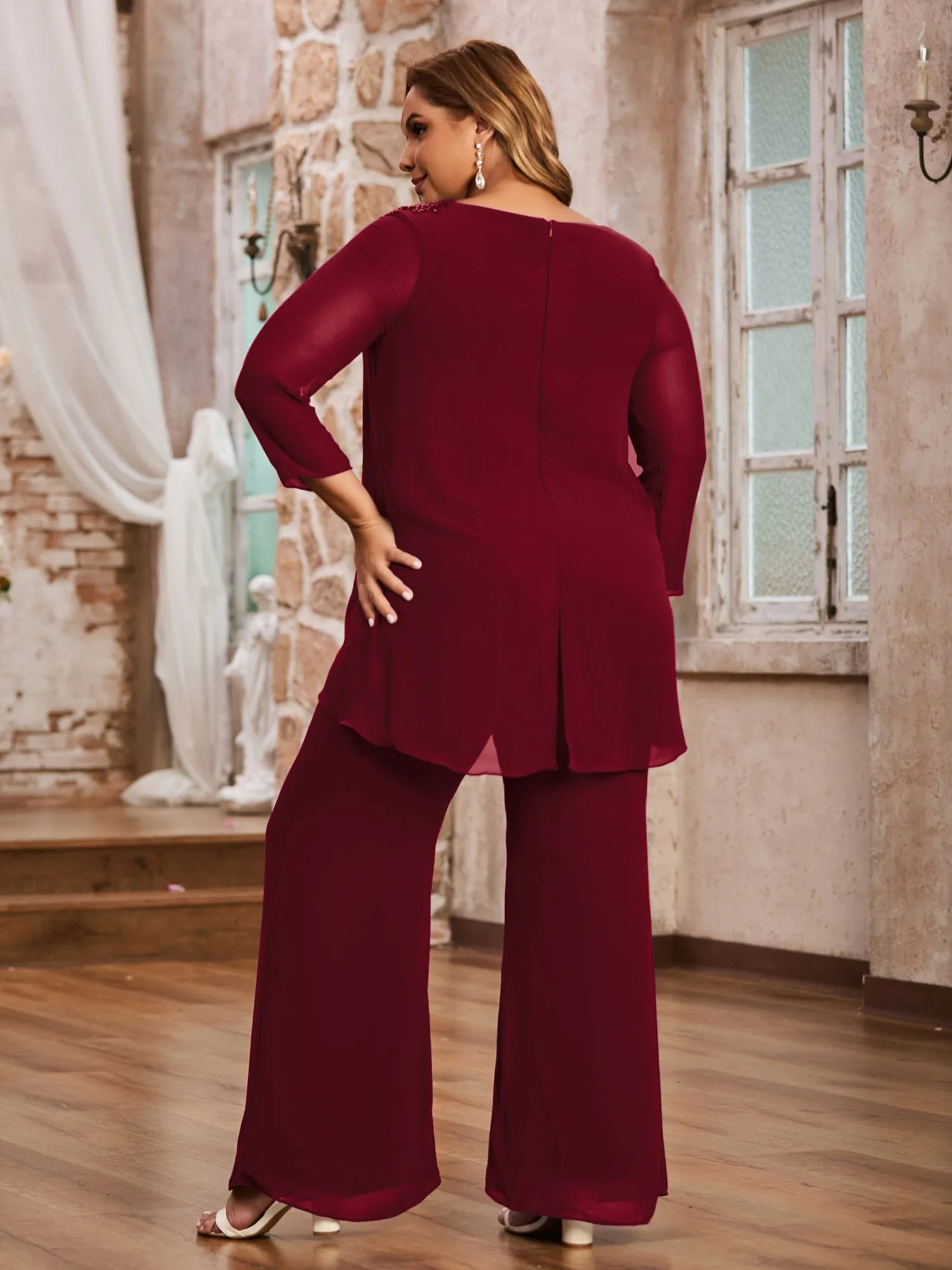 Elegant Chiffon Pant Suit with Long Sleeves-Burgundy