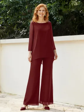 Elegant Chiffon Pant Suit with Long Sleeves-Burgundy