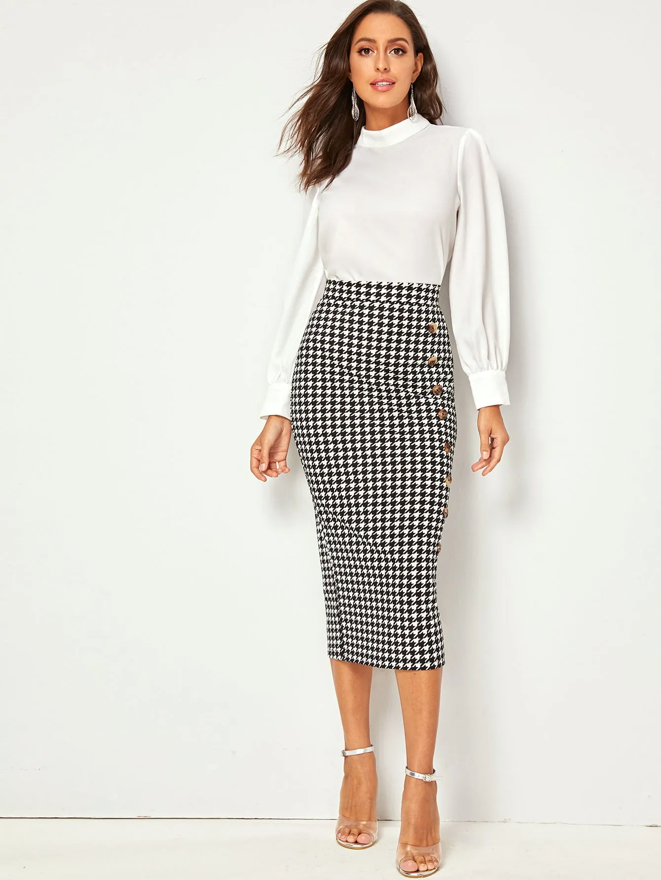 Elegant Houndstooth Zipper High Waist Midi Women Skirt