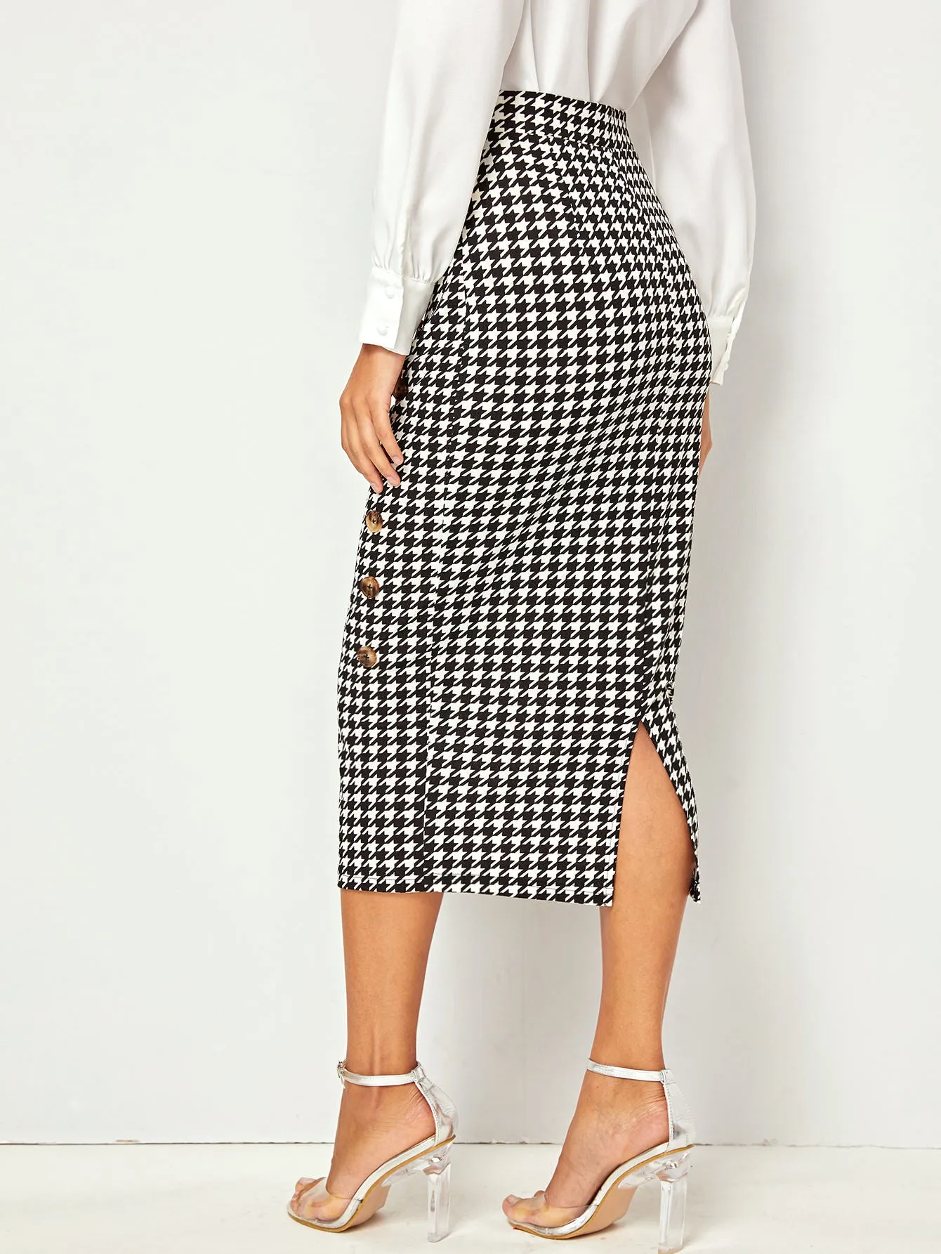 Elegant Houndstooth Zipper High Waist Midi Women Skirt