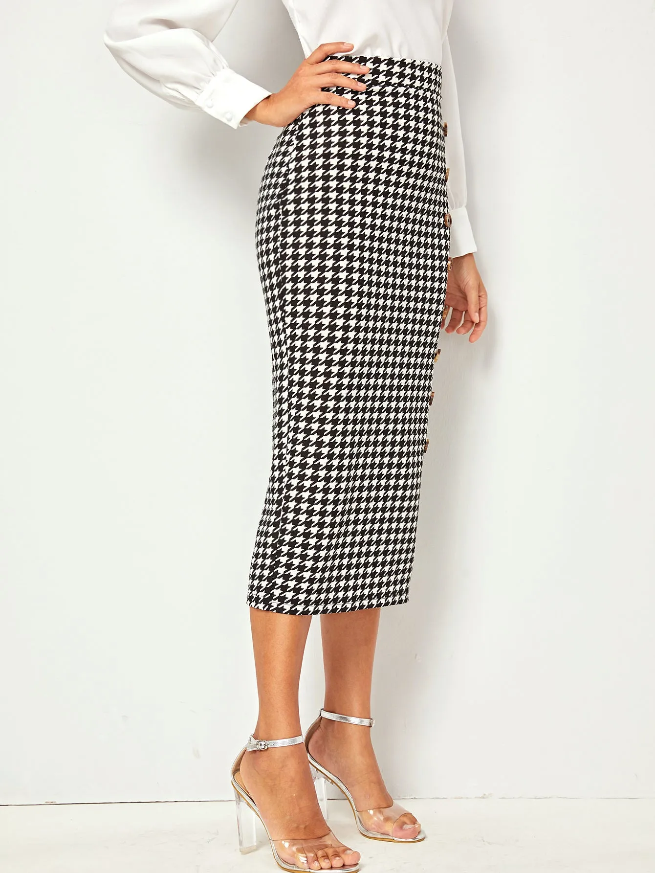 Elegant Houndstooth Zipper High Waist Midi Women Skirt