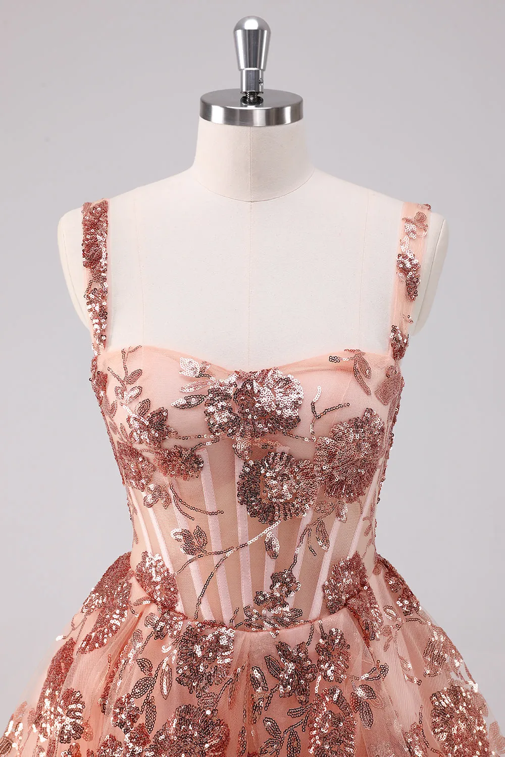 Glitter Blush A-Line Spaghetti Straps Sequins Tulle Corset Mini Dress