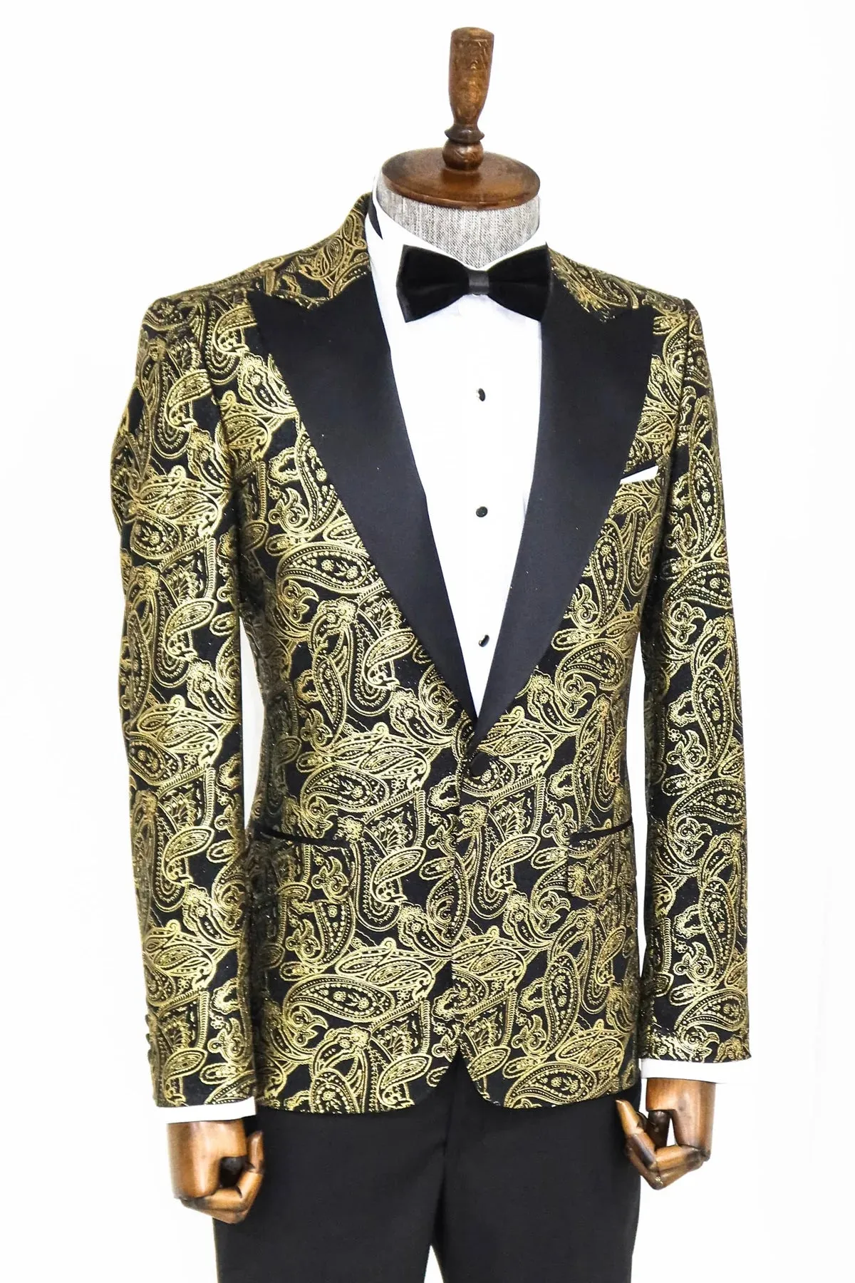 Golden Paisley Black Prom Blazer with Peak Lapel