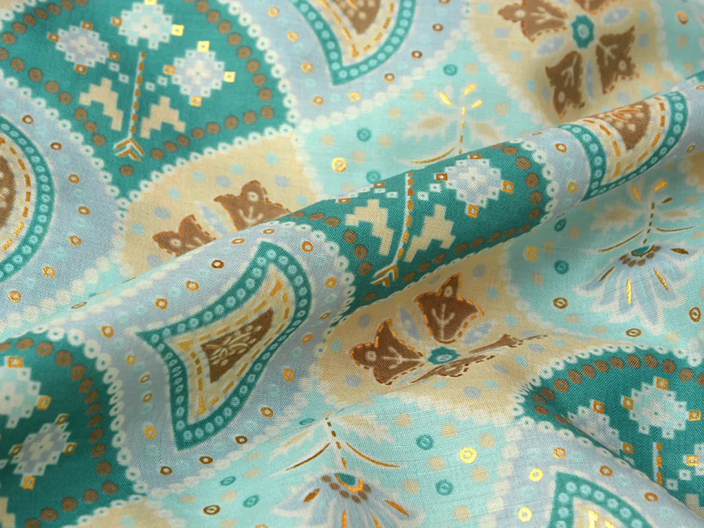 Green & Yellow Geometric Soft Cotton Muslin Fabric