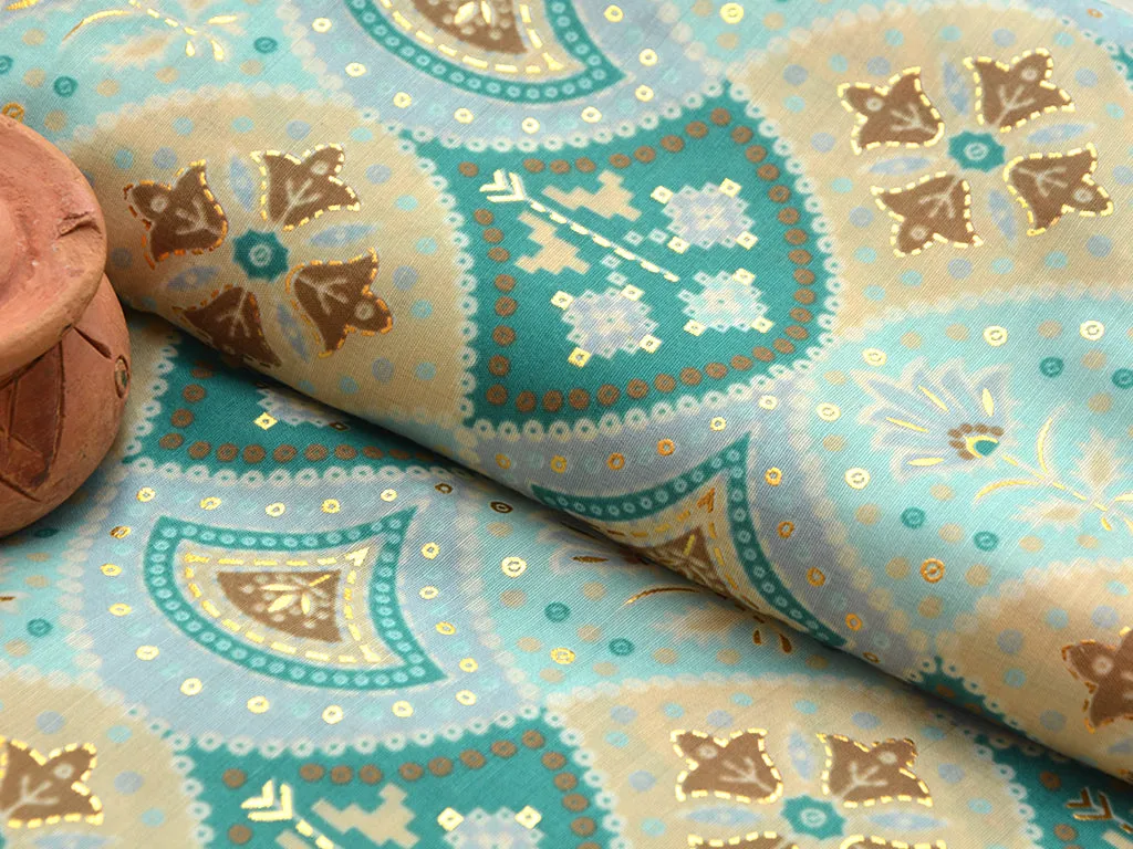 Green & Yellow Geometric Soft Cotton Muslin Fabric