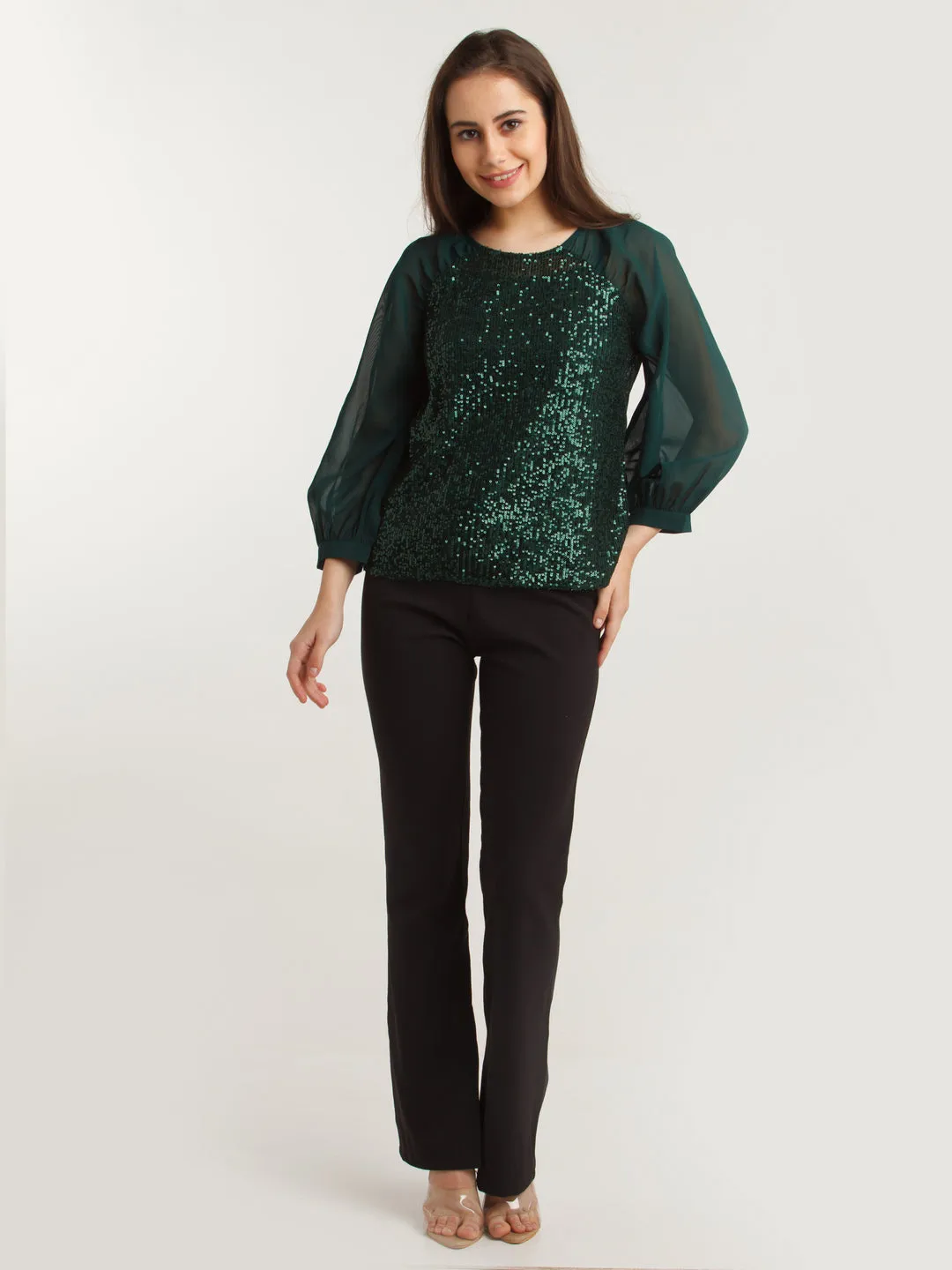 Green Embellished Straight Top