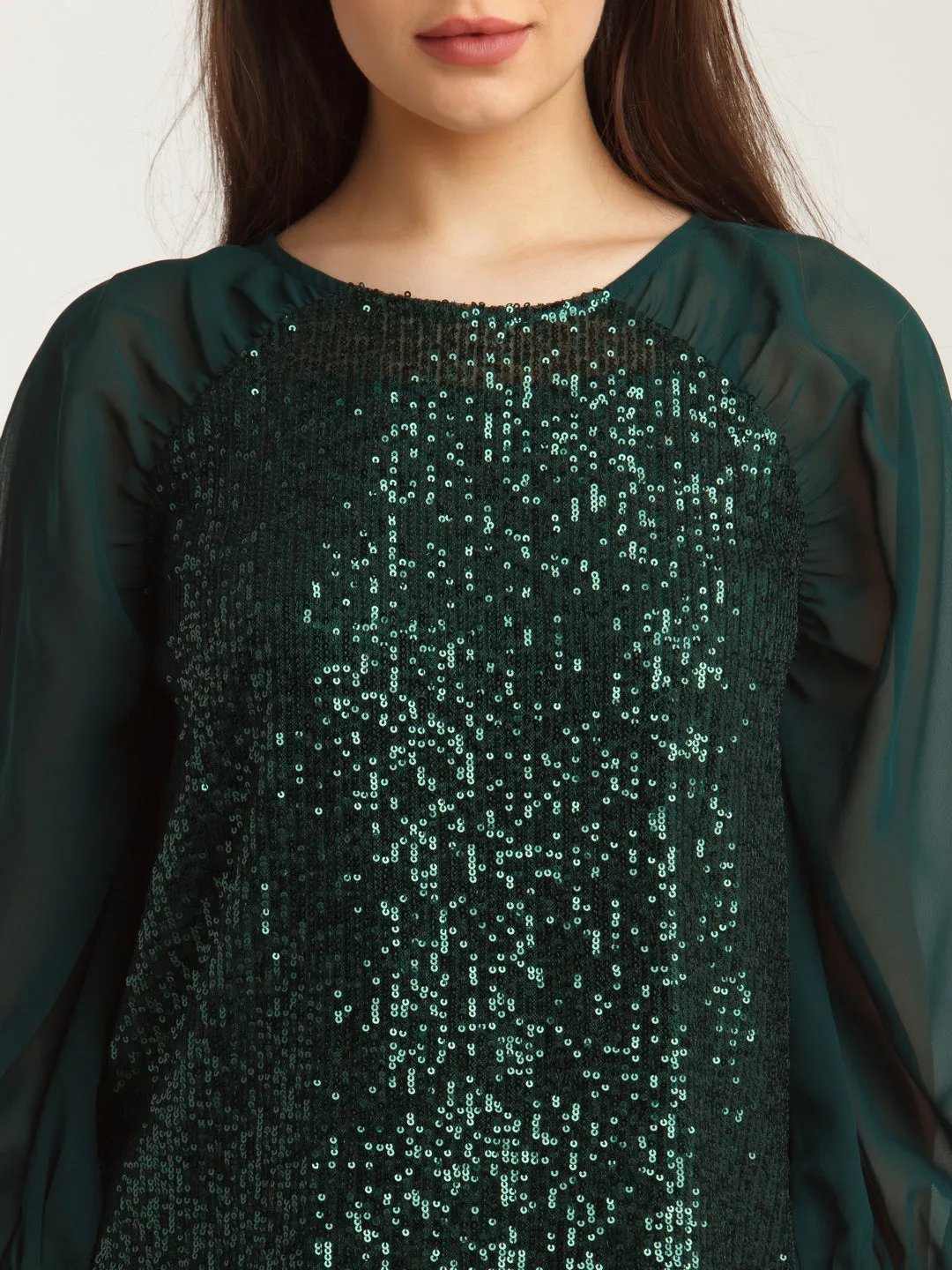 Green Embellished Straight Top