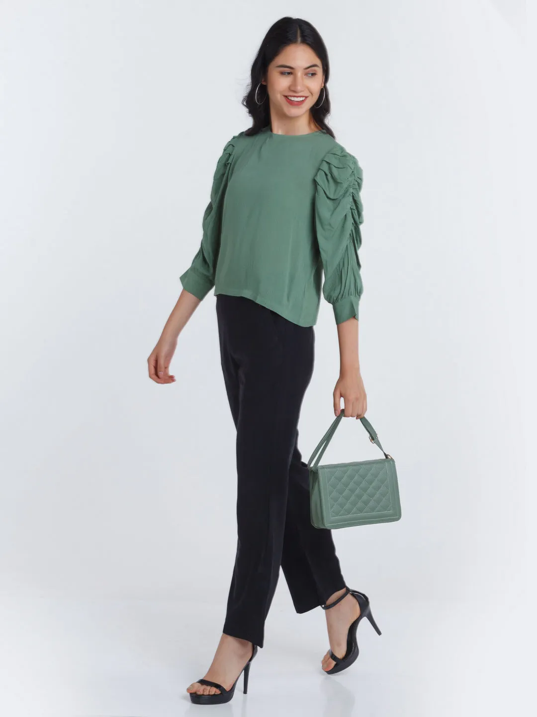 Green Solid Ruched sleeve Top