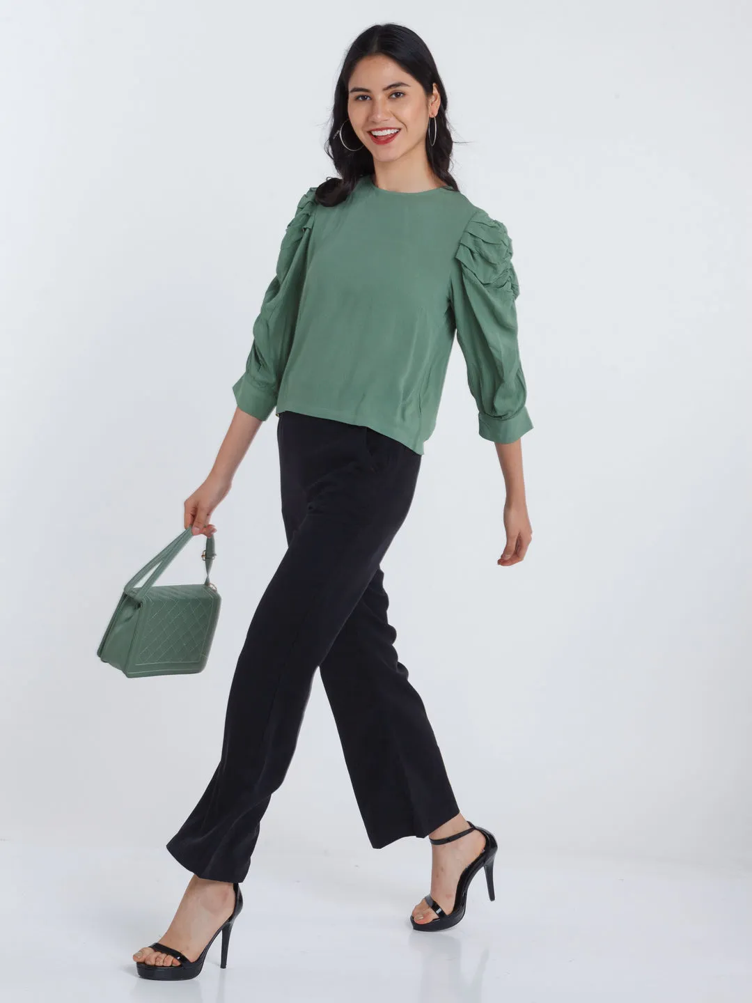 Green Solid Ruched sleeve Top