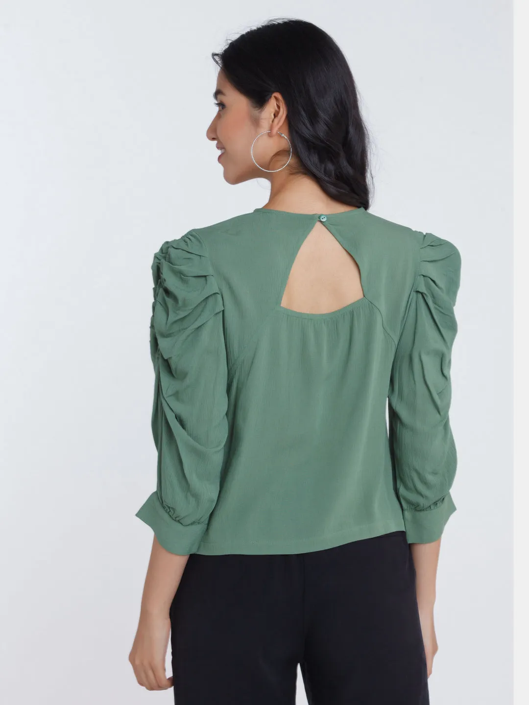 Green Solid Ruched sleeve Top