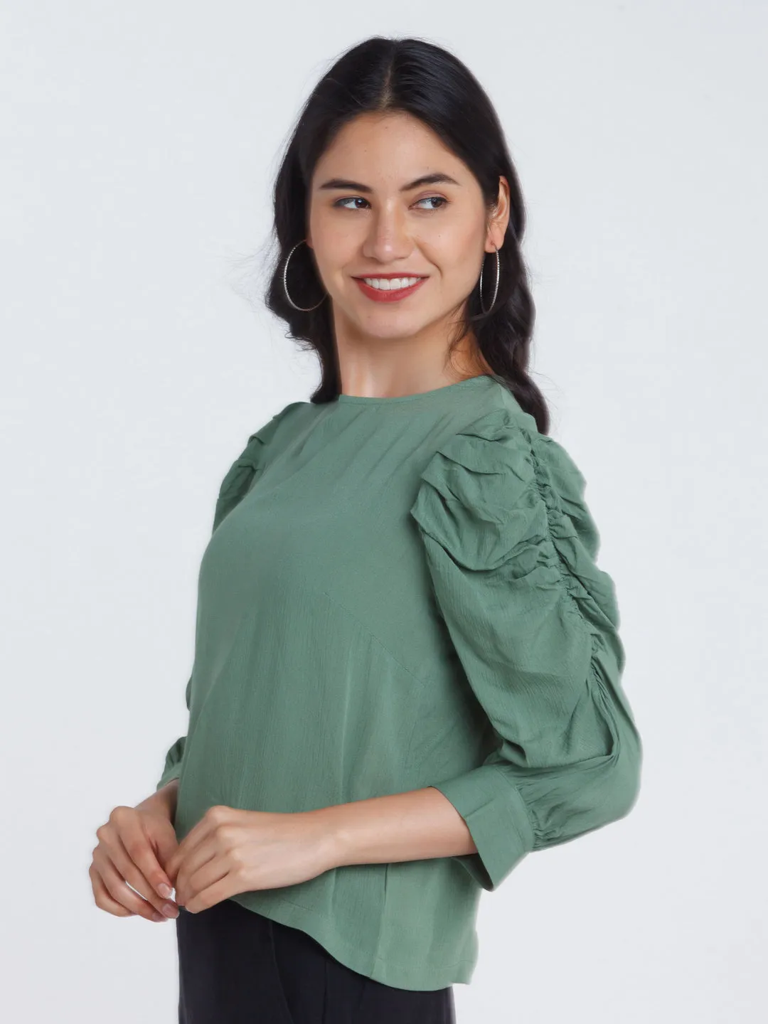 Green Solid Ruched sleeve Top