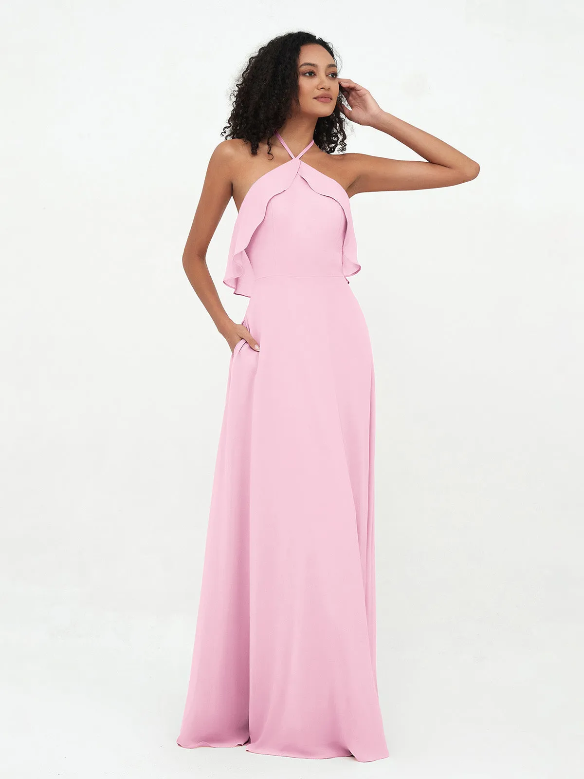 Halter Strap Chiffon Long Bridesmaid Dresses Candy Pink