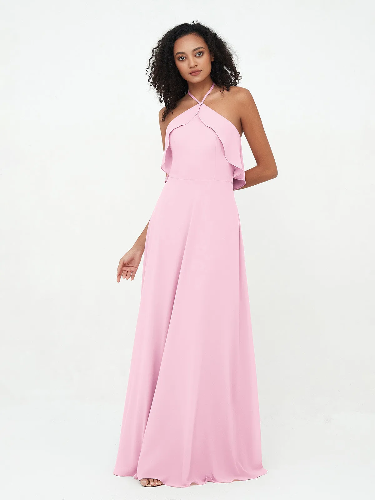 Halter Strap Chiffon Long Bridesmaid Dresses Candy Pink