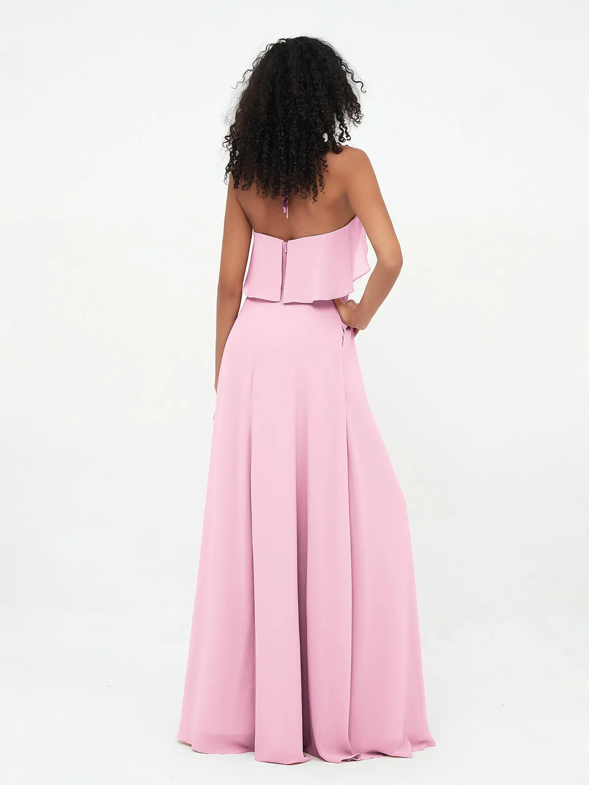 Halter Strap Chiffon Long Bridesmaid Dresses Candy Pink