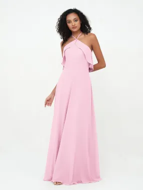 Halter Strap Chiffon Long Bridesmaid Dresses Candy Pink