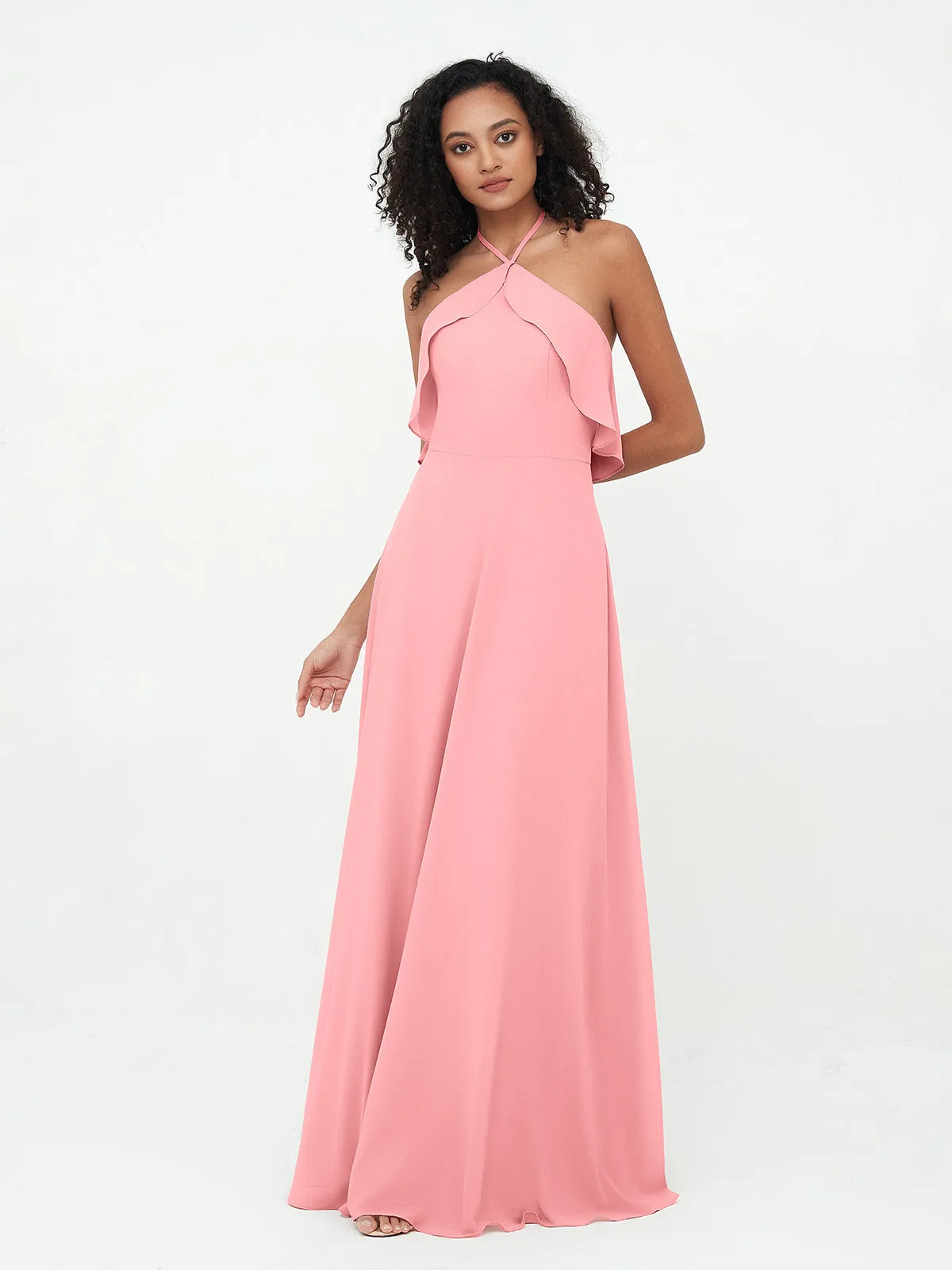 Halter Strap Chiffon Long Bridesmaid Dresses Flamingo Plus Size